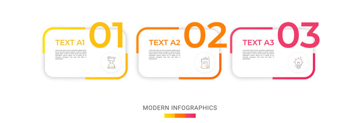 Modern vector flat illustration. Infographic numbers template with three rectangles, elements, icons. Timeline designed for business, presentations, web design, interface, diagrams with 3 steps