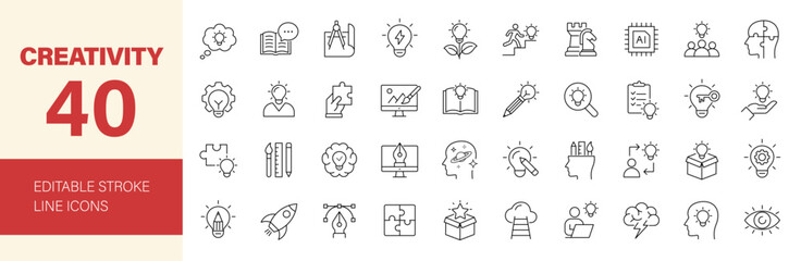 Creativity icon set. Containing idea, innovation, inventive, brainstorming, inspiration, originality, imagination, improvisation, creative, design and more. Editable line icons. Vector illustration.	