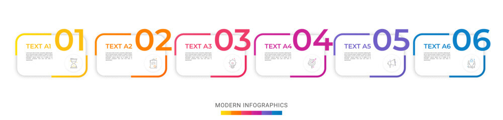 Modern vector flat illustration. Infographic numbers template with six rectangles, elements, icons. Timeline designed for business, presentations, web design, interface, diagrams with 6 steps