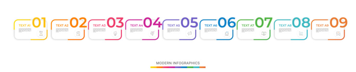 Modern vector flat illustration. Infographic numbers template with nine rectangles, elements, icons. Timeline designed for business, presentations, web design, interface, diagrams with 9 steps