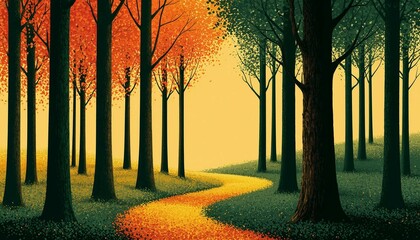Serene forest scene with a winding golden path surrounded by trees with vibrant orange and green foliage under warm sunlight