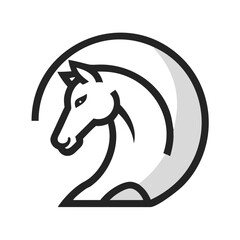 Elegant black and white horse head logo design. This stylized, black and white vector graphic shows a horse's head in profile view.