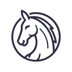 Elegant black and white horse head logo design. This stylized, black and white vector graphic shows a horse's head in profile view.