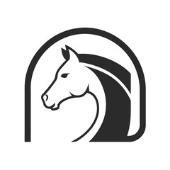 Elegant black and white horse head logo design. This stylized, black and white vector graphic shows a horse's head in profile view.