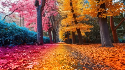 A vibrant autumn path lined with trees displaying a spectrum of colors from pink to yellow and green hues