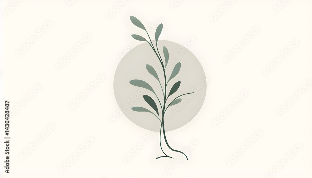 Poster minimal botanical icon with abstract plant and curved stems in soft green tones, isolated on off-whi