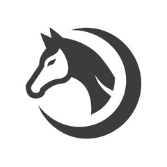 Naklejka premium Horsehead Silhouette in Horseshoe Shape Logo . A simple, elegant silhouette of a horse's head nestled within a horseshoe shape.