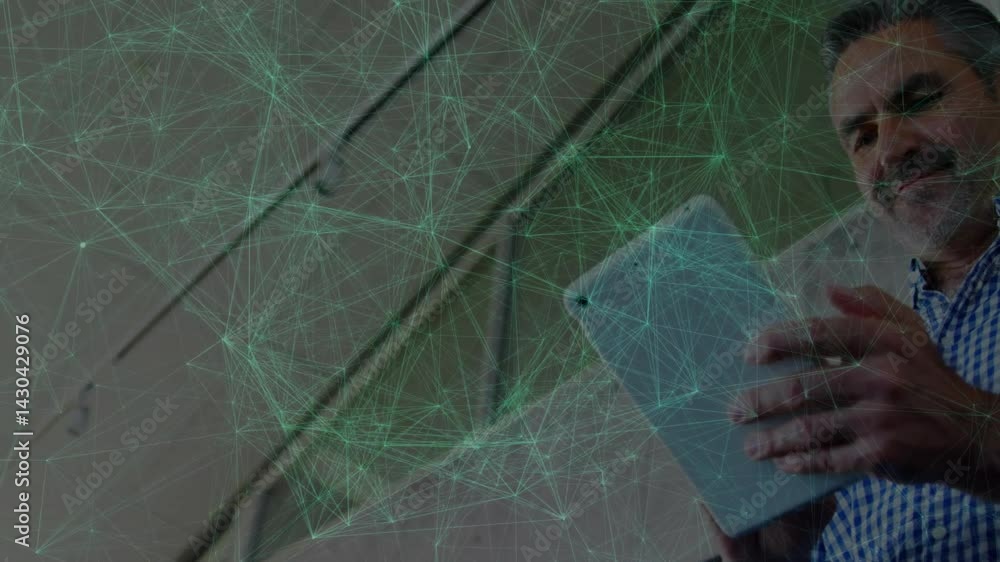 Poster man interacting with tablet indoors, displaying animated green network nodes for technology visuals