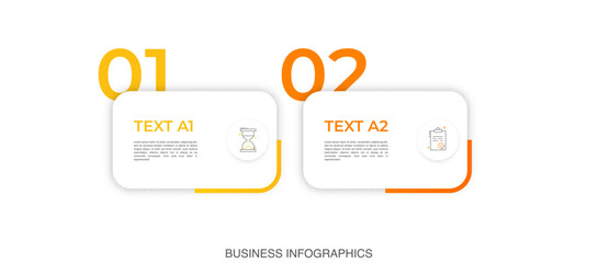 Modern vector flat illustration. Infographic numbers template with two rectangles, elements, icons. Timeline designed for business, presentations, web design, interface, diagrams with 2 steps