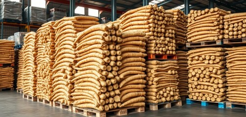 Neat stacks of cassava roots on pallets, warehouse ready for export, agriculture, clean