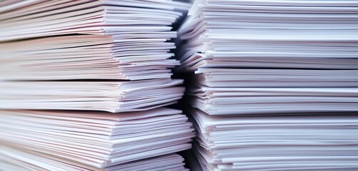 Neat stacks of crisp white paper sheets, close-up view,  abstract,  surface