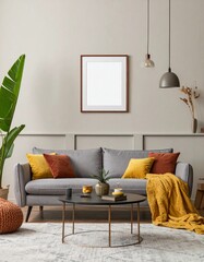 Interior design of modern living room interior with mock up poster frame, colorful decorations and accessories, plants, sofa, coffee table.