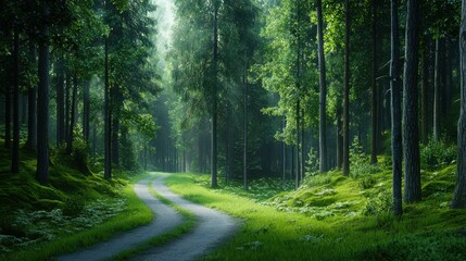 Fototapeta premium A serene forest path winding through lush greenery on a bright, misty day.