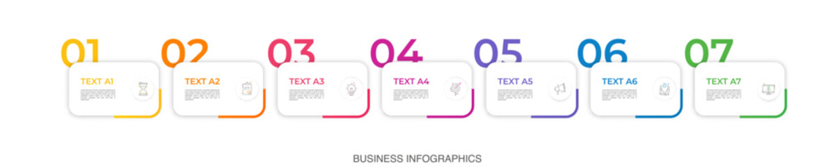 Modern vector flat illustration. Infographic numbers template with 7 rectangles, elements, icons. Timeline designed for business, presentations, web design, interface, diagrams with seven steps