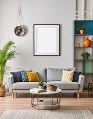 Interior design of modern living room interior with mock up poster frame, colorful decorations and accessories, plants, sofa, coffee table.