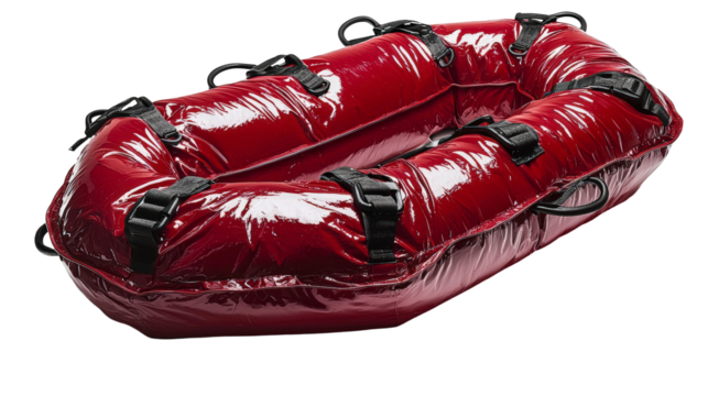 Red inflatable rescue raft with multiple straps designed for emergency situations, featuring a glossy finish and sturdy construction for enhanced safety and buoyancy.