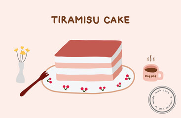 Illustration of a tiramisu cake with a cup of coffee best design for packaging