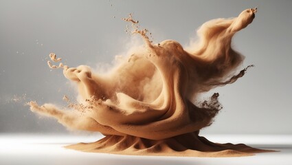 Golden and brown sand dust swirling in a storm, dispersing into the air with colorful lumps against a black and white background.