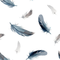 Flying feathers white grey blue beige pastel soft watercolor vector seamless vector pattern