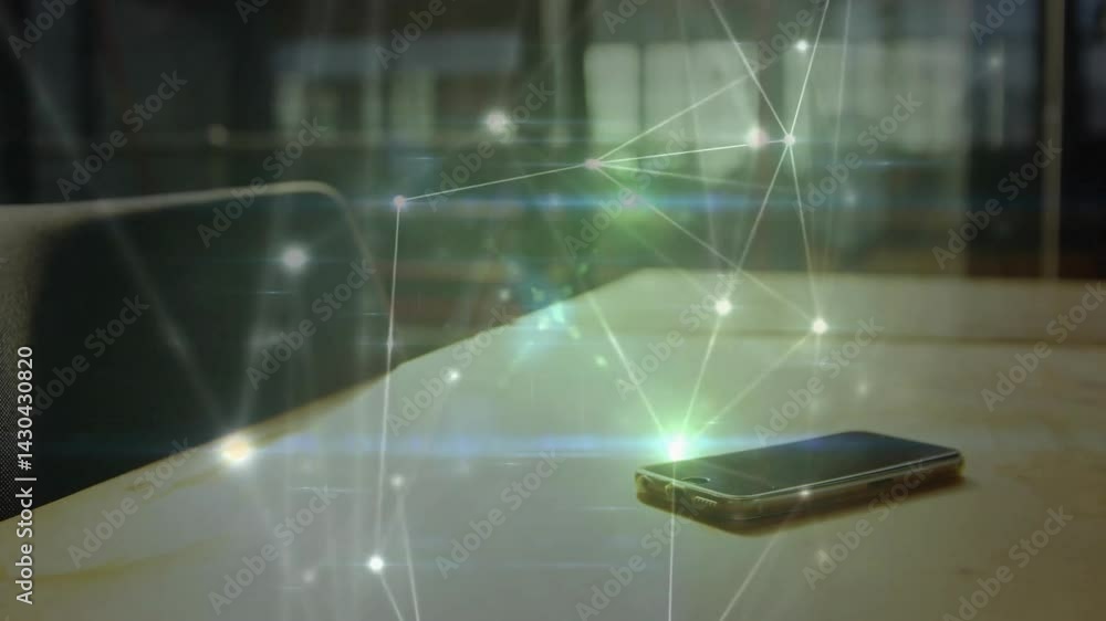 Poster smartphone resting face-up on tabletop 3d render, glowing network lines linking nodes around device