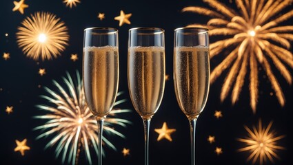 Champagne glasses celebrating New Year with fireworks in the background