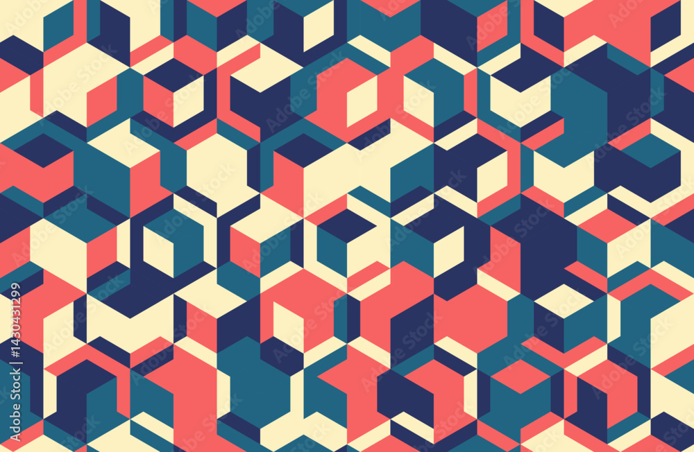 Poster abstract geometric seamless pattern. vibrant, retroinspired design featuring interlocking cubes in c