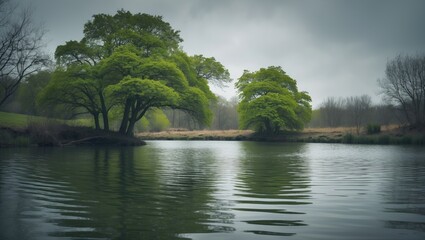 Gentle ripples glide over the water while lush trees offer shade, creating a serene setting for peaceful reflection in nature.