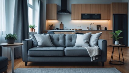 Fototapeta premium Chic furnished studio space showcasing cozy living area and contemporary kitchen design