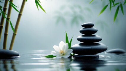Zen Stones and Bamboo on the surface of the water
