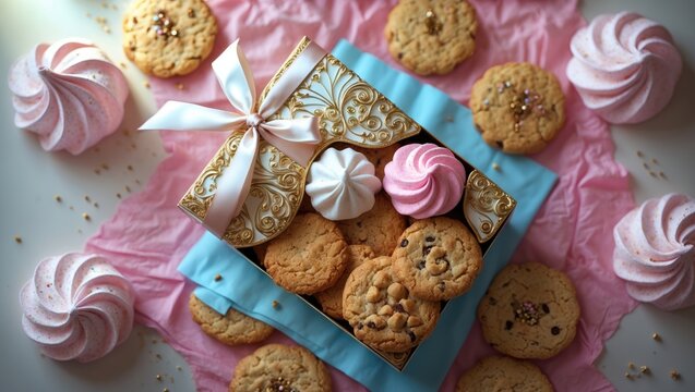 Zephyr and oatcake arranged in a gift box. Pink marshmallow and delicious oatcake in the background.