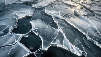 Frozen river with cracked snowy ice resembling lightning streaks in the sky