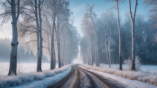 Winter forest scene with frost-covered trees and snow-lined road at dawn - Powered by Adobe