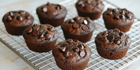 Fototapeta premium A batch of freshly baked chocolate muffins loaded with dark chocolate chips, cooling on a wire rack
