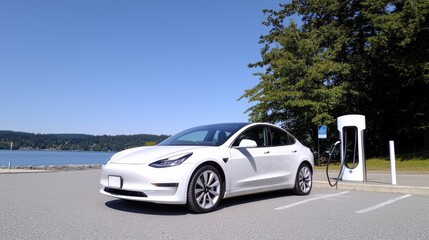 Fototapeta premium A sleek electric car parked in front of a charging station with a clear blue sky above, advocating eco-friendly transportation
