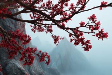 Red Cherry Blossoms on a Misty Mountainside