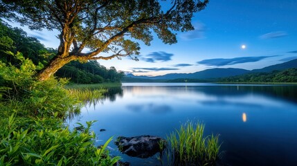 Obraz premium Tranquil lake scene at dusk with a glowing moon and lush greenery.