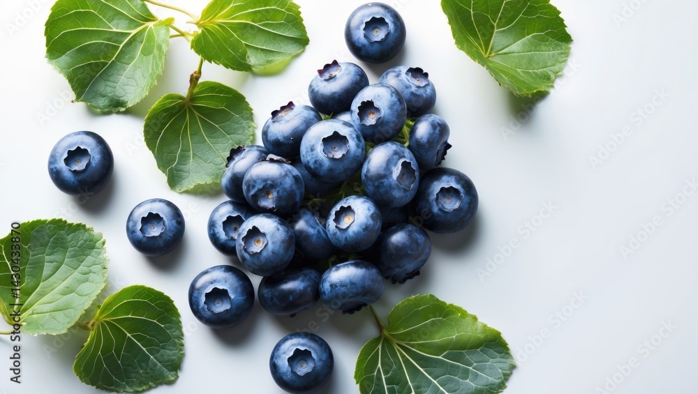 Poster fresh ripe blueberry with leaf on white background featuring space for text â€“ top view flat lay pa
