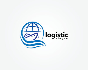 creative ship logistics, shipping logo, ship and waves combined with globe, logo design inspiration