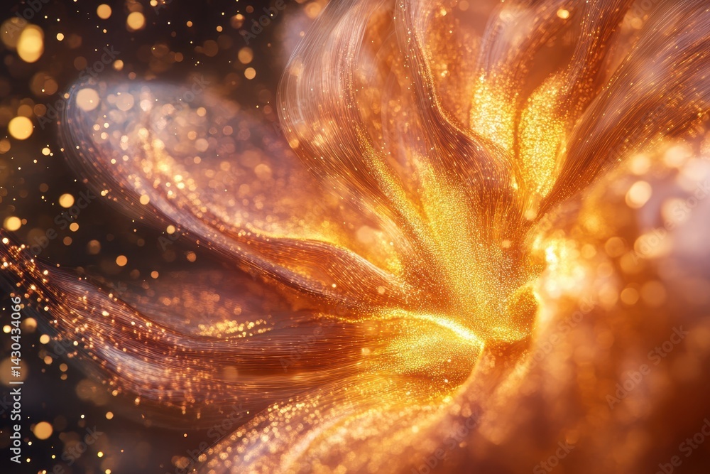 Poster Mesmerizing golden particles flow gracefully creating an enchanting visual spectacle, 4K beautiful particles flow across the frame CGI