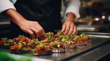 Closeup chef preparing beef bruschetta with avocado and tomatoes spreading sauce with spatula in professional kitchen in Italian restaurant.