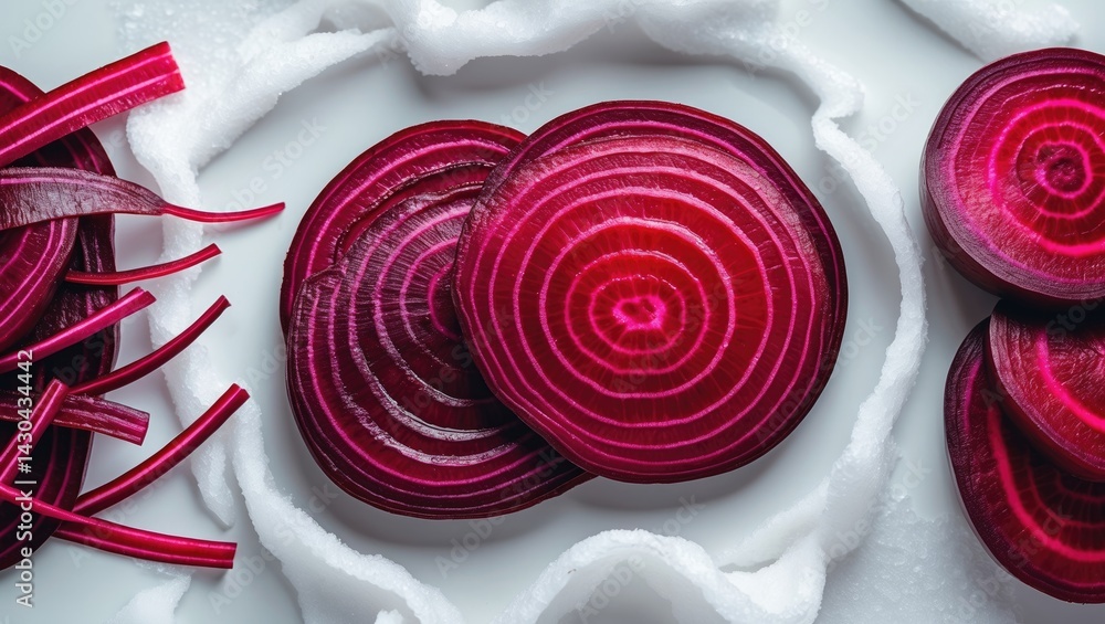 Poster close-up of sliced beetroot on a white background with full depth of field, flat lay, set or collect