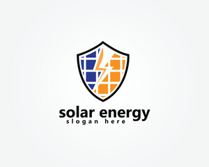 solar shield logo, solar panels form a shield that is split by a thunder flash, logo design inspiration