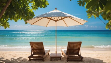 Obraz premium Serene tropical beach with umbrellas and chairs overlooking the ocean during summer vacation