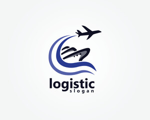 airline, logistic, travel logo, airplane in flight with smoke blending with waves and ships, logo design inspiration