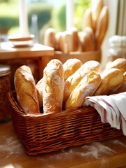 Freshly baked french baguettes in a wicker basket cozy kitchen food photography warm atmosphere culinary delight