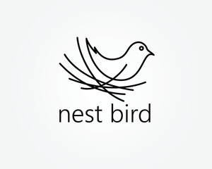 creative nestle, nest bird logo, bird guarding eggs in nest with line concept, logo design template