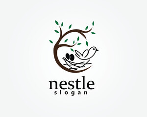 creative nestle, nest bird logo, bird and its nest on a circular tree, logo design template