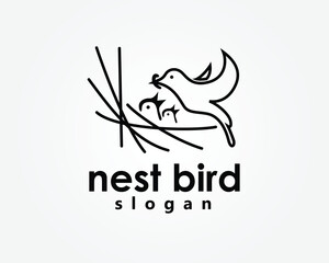 Fototapeta premium creative nestle, nest bird logo, mother bird feeding her two chicks in the nest, logo design inspiration