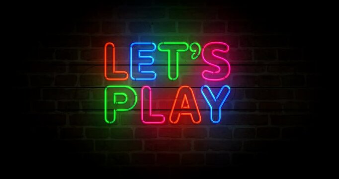 Let's play game neon symbol on brick wall. Lets play gaming light color bulbs. Loopable and seamless abstract concept animation.