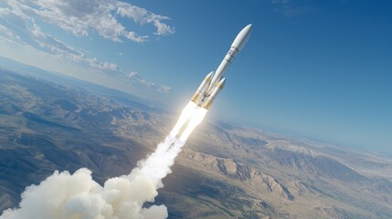 A rocket ship launching into space from a desert landscape, epitomizing ambition and breakthroughs